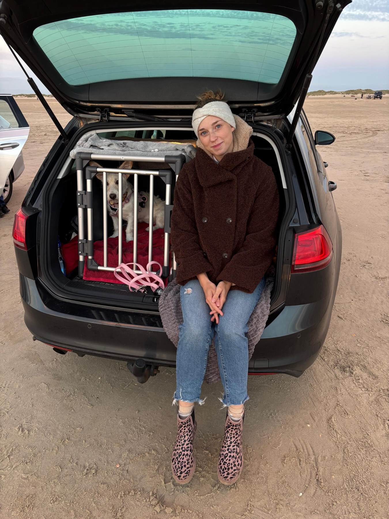 Honey in ihrer Alubox im offenen Kofferraum am Strand in Dänemark