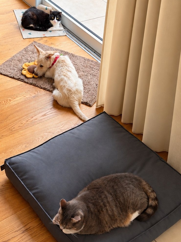 Honey mit den Katzen Nala und Filou im Wohnzimmer