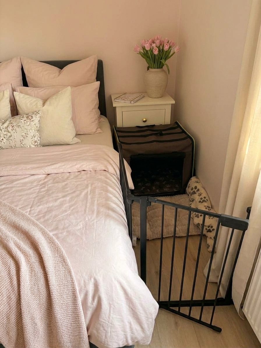 Honeys heutiger Schlafbereich neben dem Bett mit offener Box und Gitter